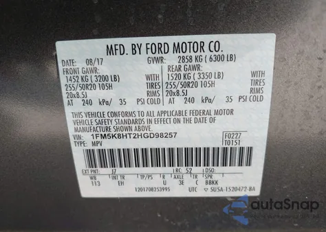 2017 Ford Explorer Platinum из США, поврежденный, VIN 1FM5K8HT2HGD98257